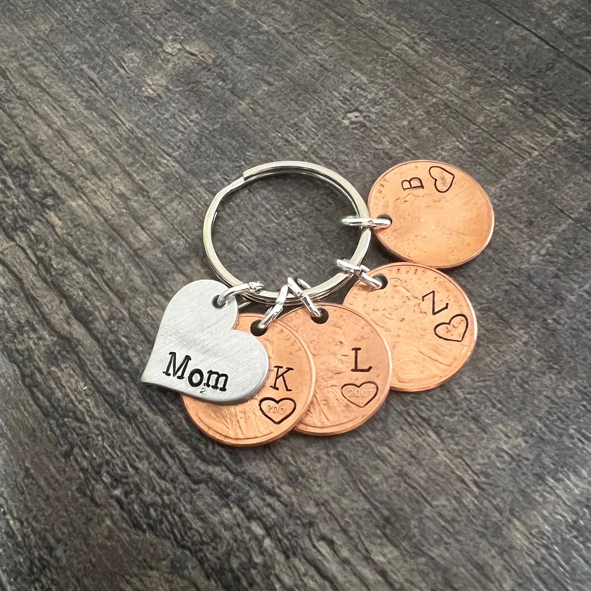 Personalized Family Penny Keychain: Hand Stamped Initial & Birth Year, view 2