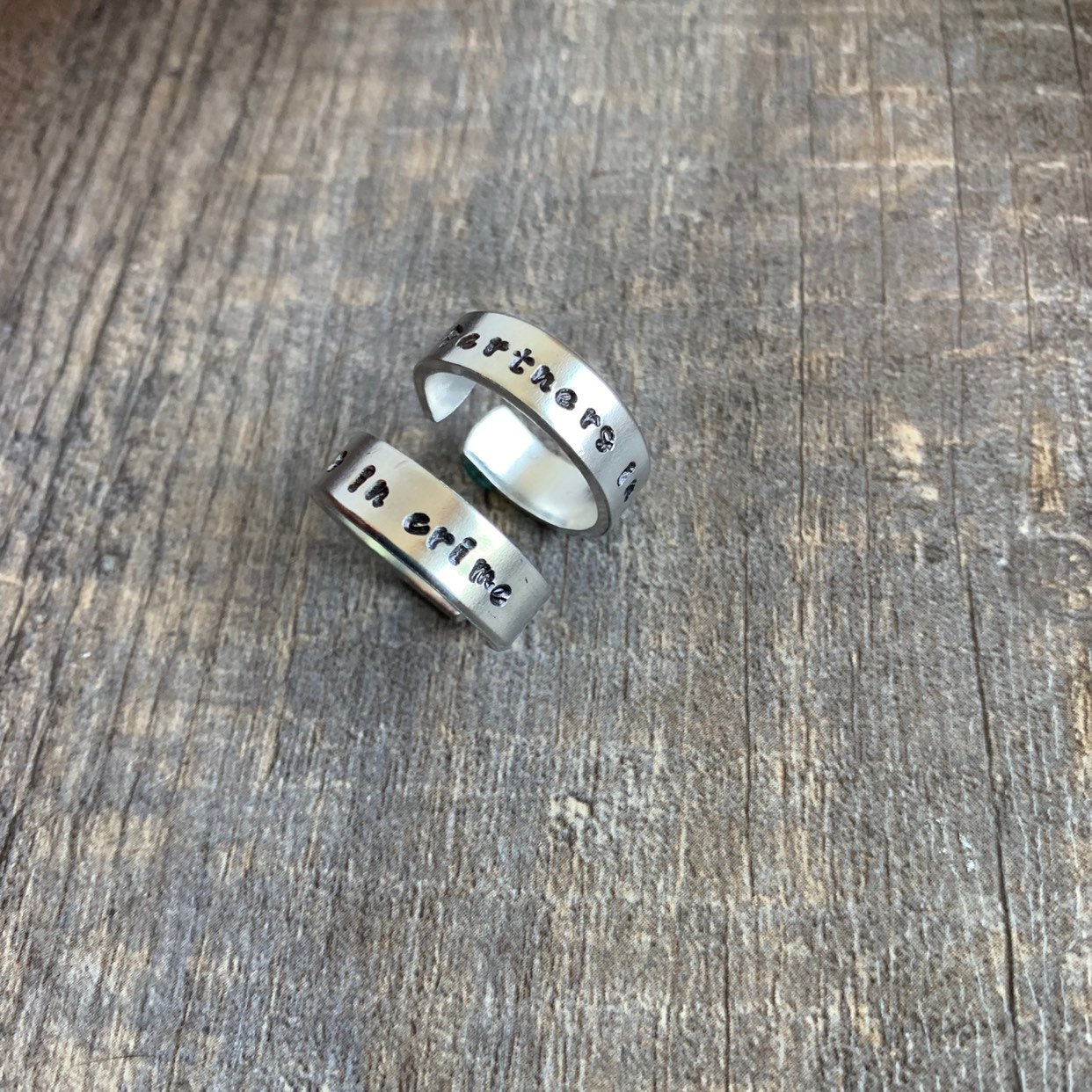 Partners in Crime- Aluminum Hand Stamped Ring Set- Best Friend Ring Gift Set, view 2