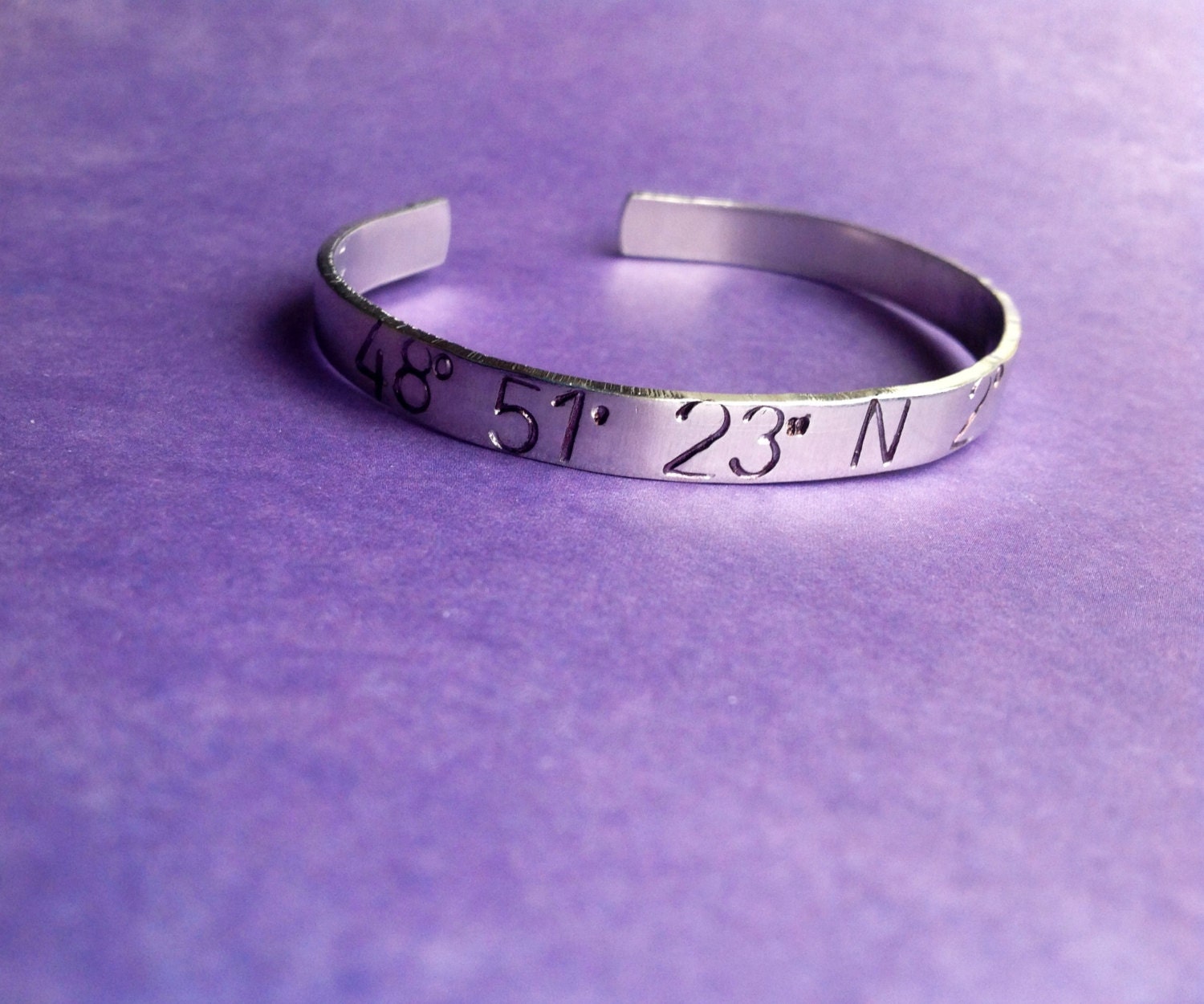 Custom Latitude Longitude Cuff Bracelet -Hand Stamped With Large Numbers- Couples Gift, Anniversary Gift, view 3