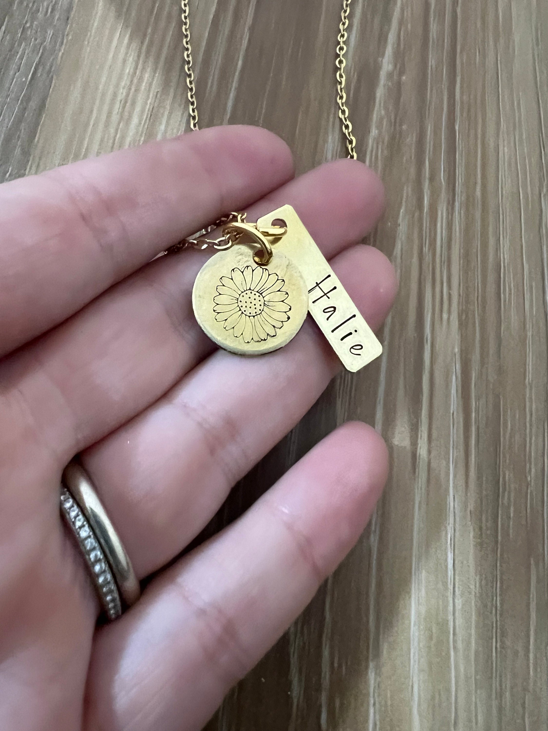 Personalized Name and Birth Flower Necklace - Aluminum Brass or Copper Charms, view 4