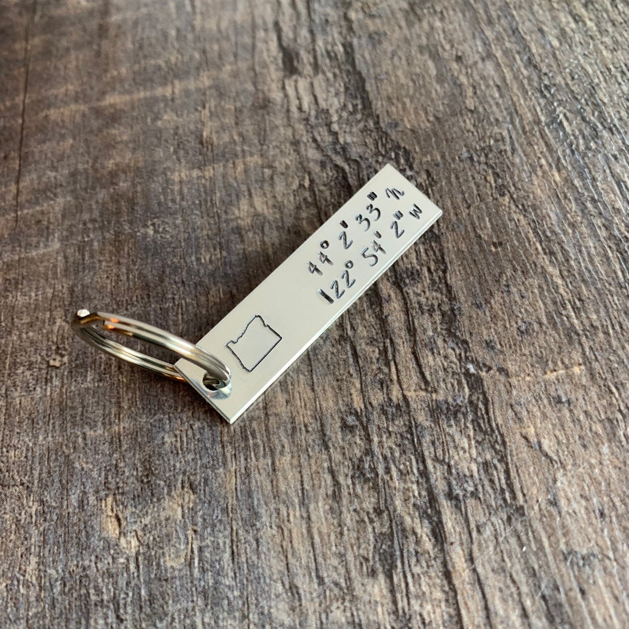 Hand Stamped State & Coordinates Keychain: Personalized GPS Gift, view 2