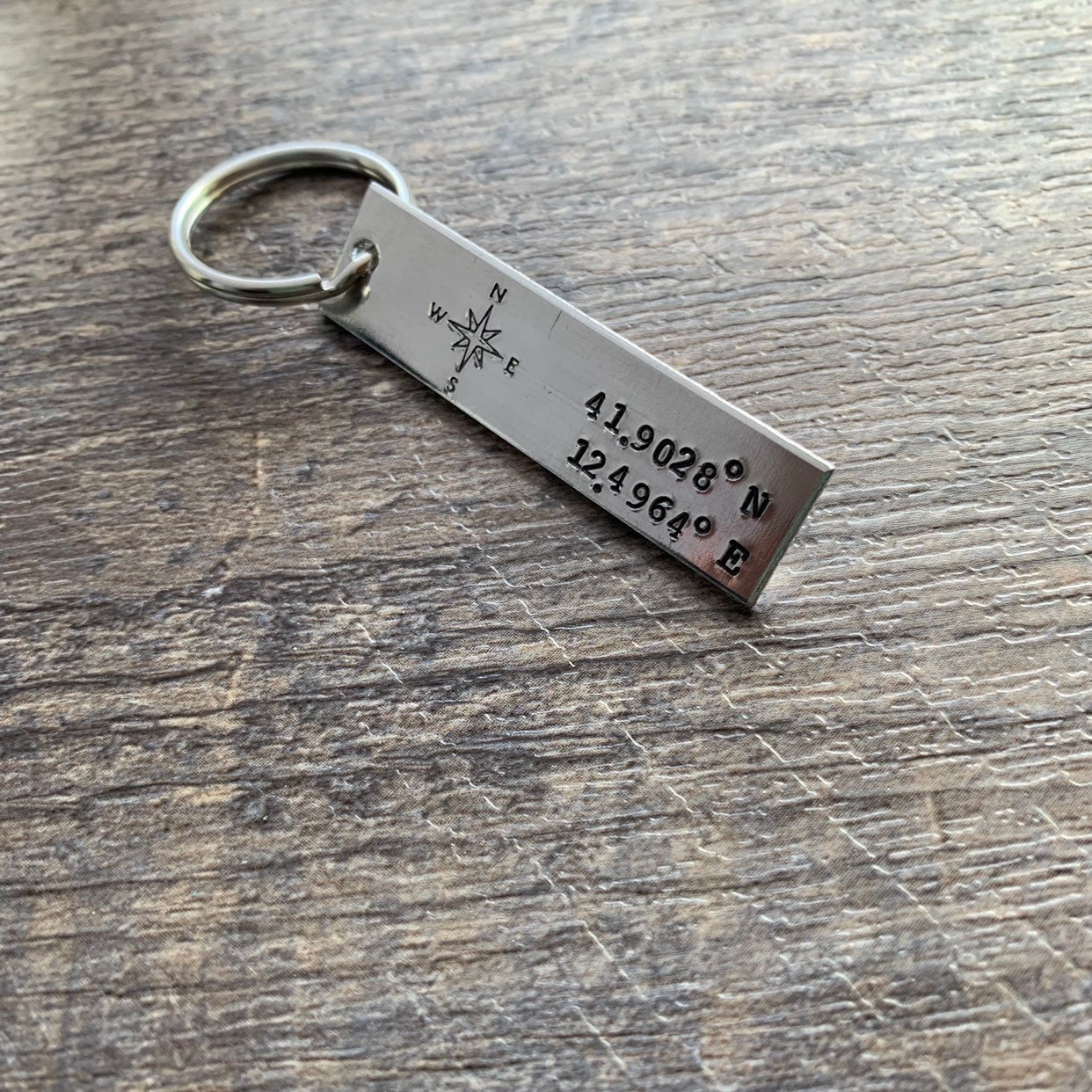 Hand Stamped Latitude Longitude Keychain: Personalized GPS Coordinates