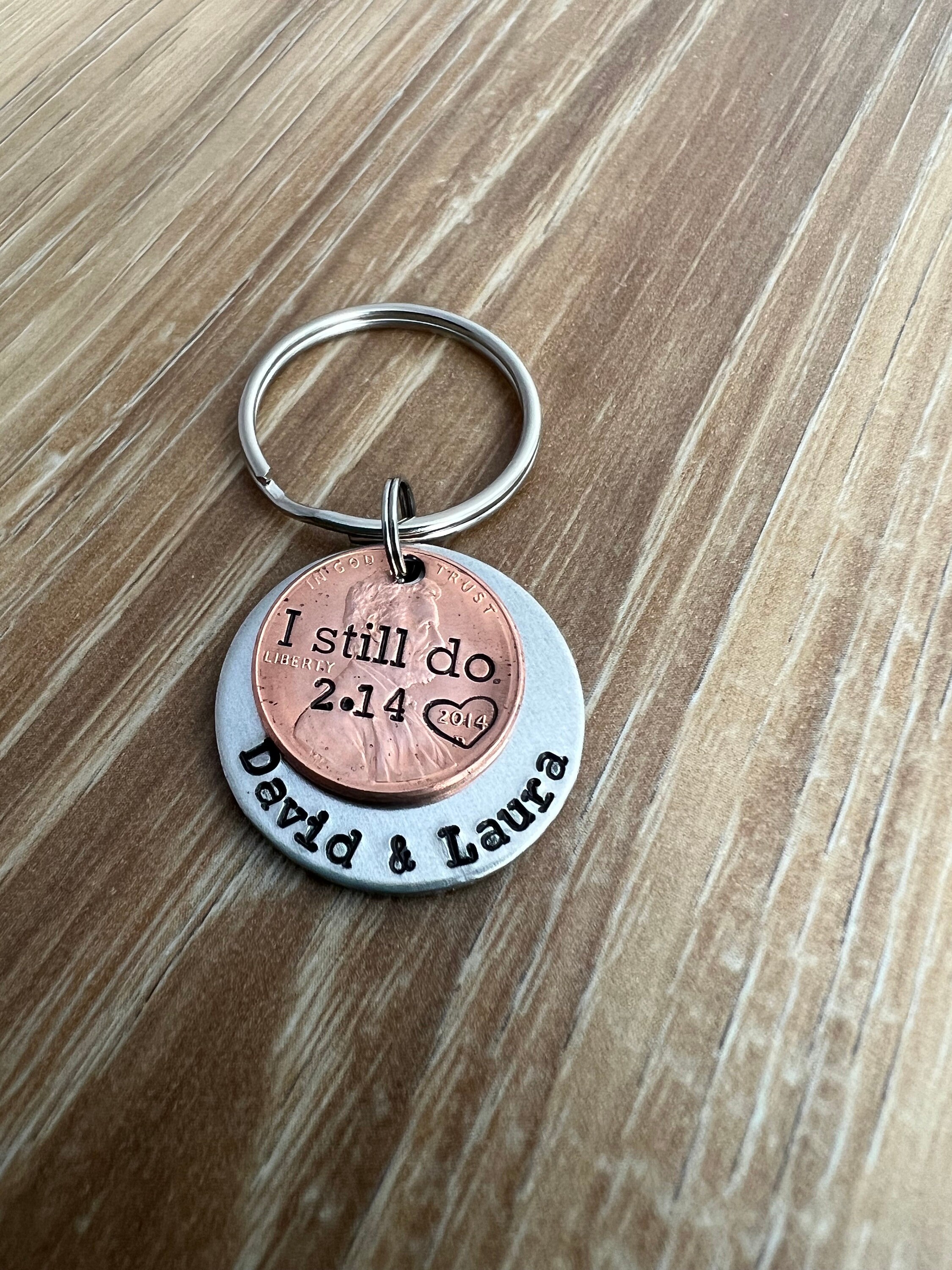 I Still Do Penny Keychain- Aluminum 10 Year Anniversary Wedding Couples Gift- Hand Stamped Circle Charm With Penny- You Choose the Year, view 2