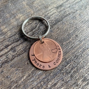 Custom Years and Counting Penny Keychain- Copper Anniversary Wedding Couples Gift- Hand Stamped Circle Charm With Penny- You Choose the Year