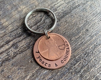 Custom Years and Counting Penny Keychain- Copper Anniversary Wedding Couples Gift- Hand Stamped Circle Charm With Penny- You Choose the Year