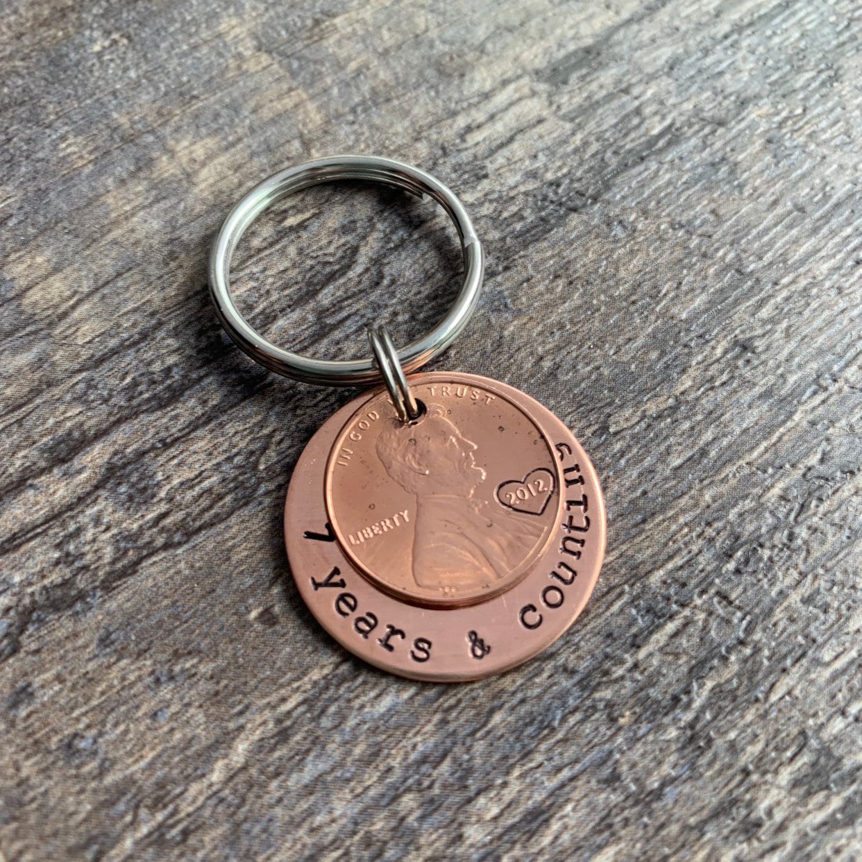 Custom Years and Counting Penny Keychain- Copper Anniversary Wedding Couples Gift- Hand Stamped Circle Charm With Penny- You Choose the Year
