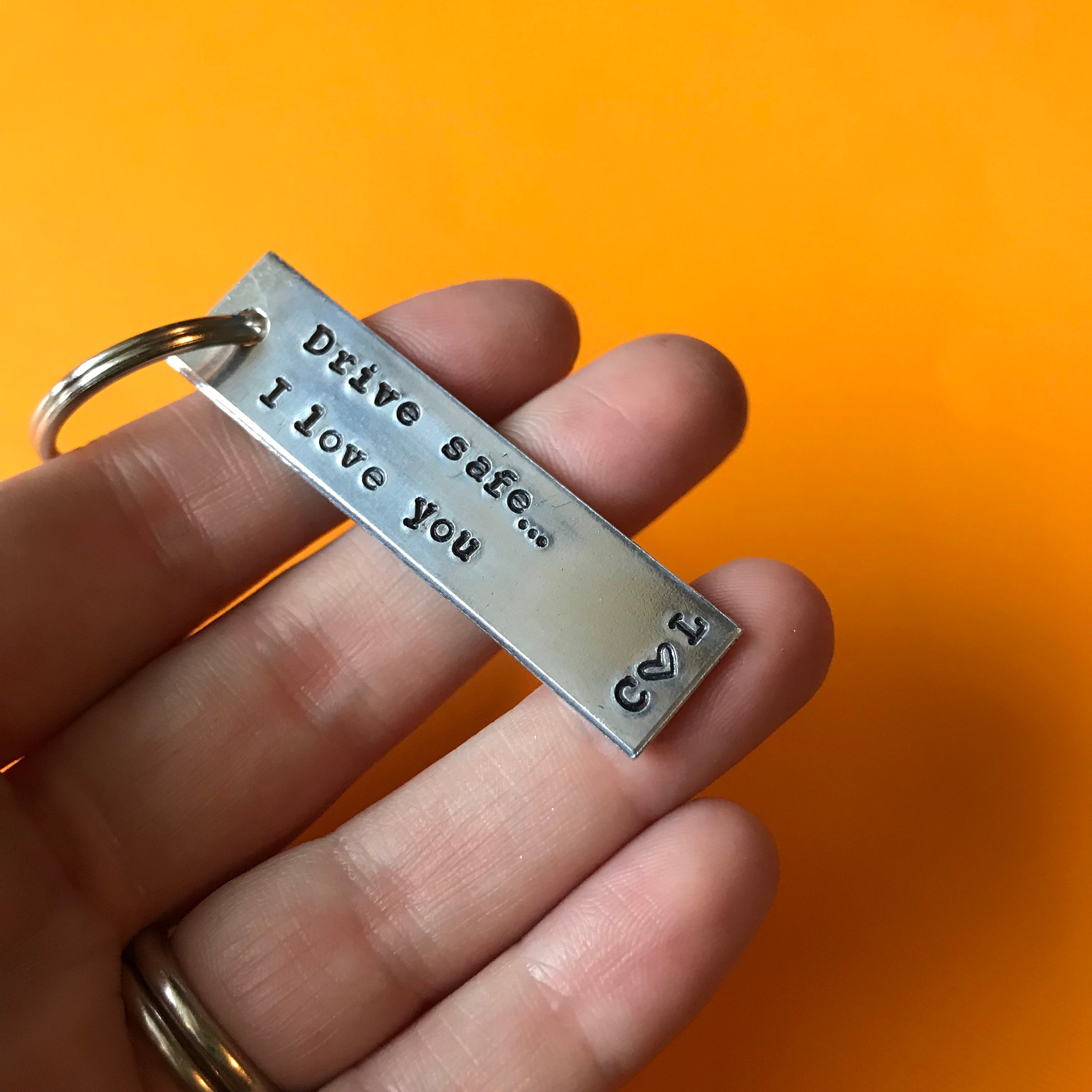 Custom Initials "Drive Safe... I Love You" Hand Stamped Aluminum Keychain, view 3