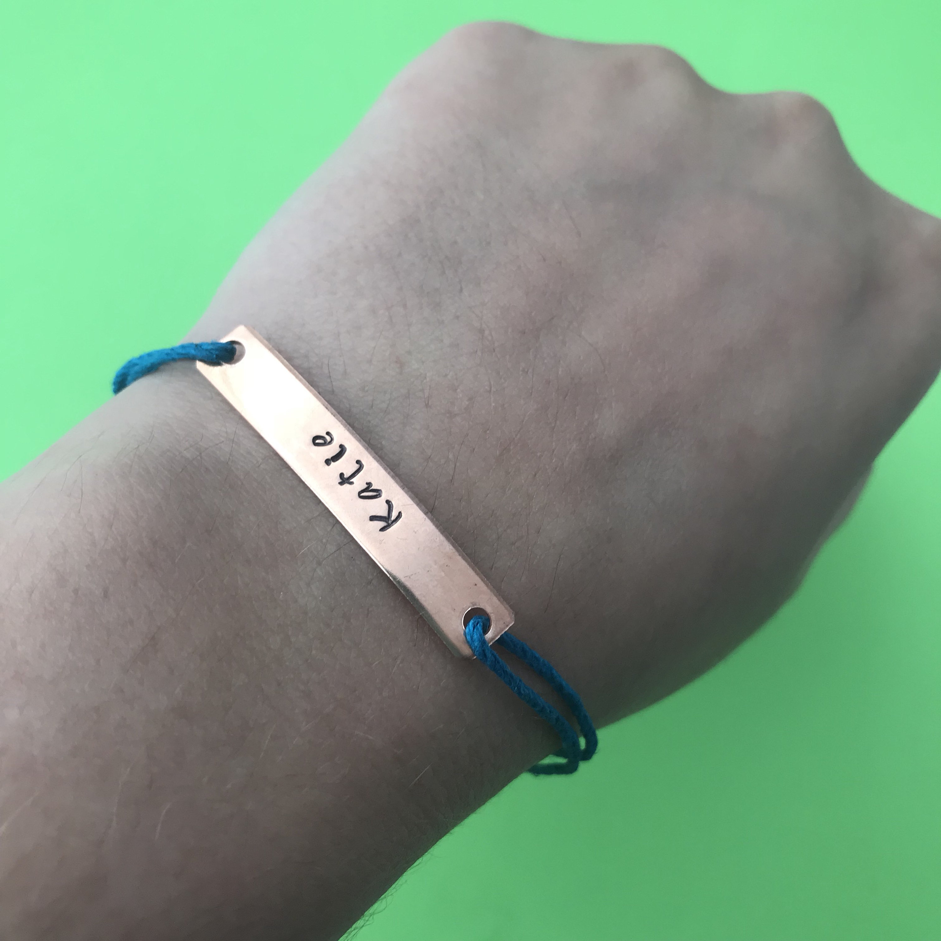 Custom Hand Stamped Copper Rectangular Charm with Hemp Cord Bracelet, view 2