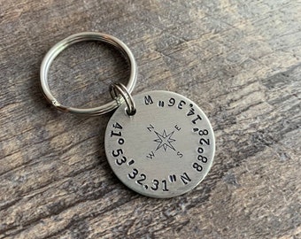 Custom Coordinates Keychain With Compass Rose- Hand Stamped Latitude Longitude Keychain