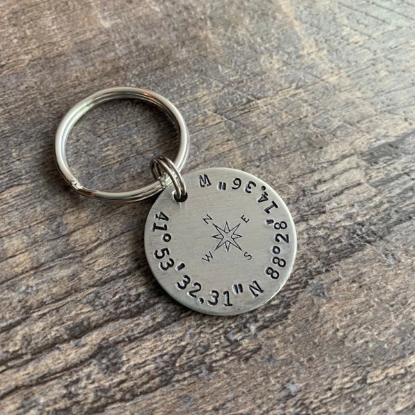 Custom Coordinates Keychain With Compass Rose- Hand Stamped Latitude Longitude Keychain