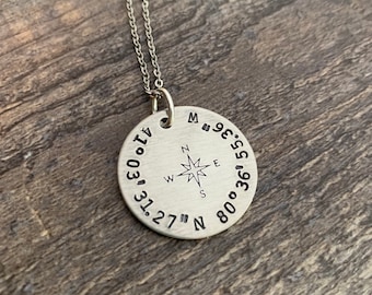 Custom Latitude Longitude Necklace With Compass Rose- Hand Stamped 1 inch Circle Necklace-