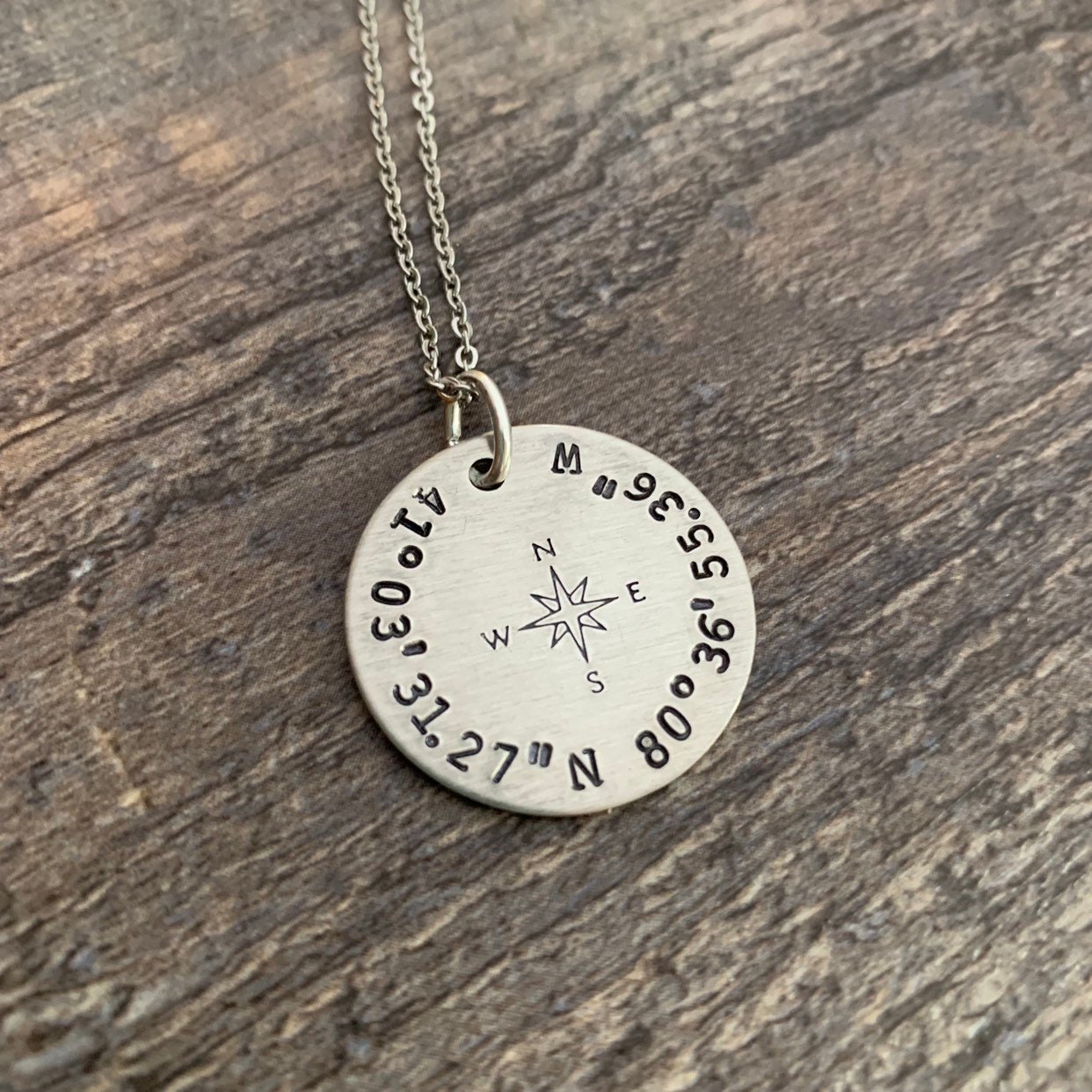 Custom Latitude Longitude Necklace With Compass Rose- Hand Stamped 1 inch Circle Necklace-