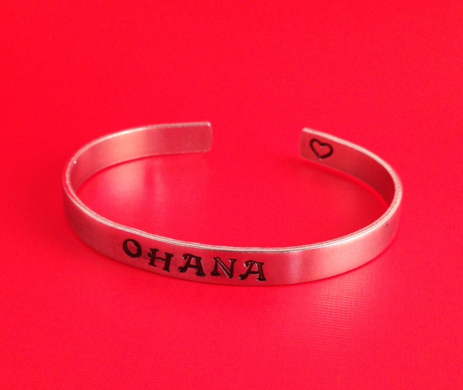 Ohana- Hand Stamped Cuff Bracelet- In Aluminum, Copper, Brass, or Sterling Silver, view 3