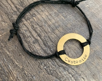 Custom Hand Stamped Brass Washer Hemp Bracelet- Choose Color and Font