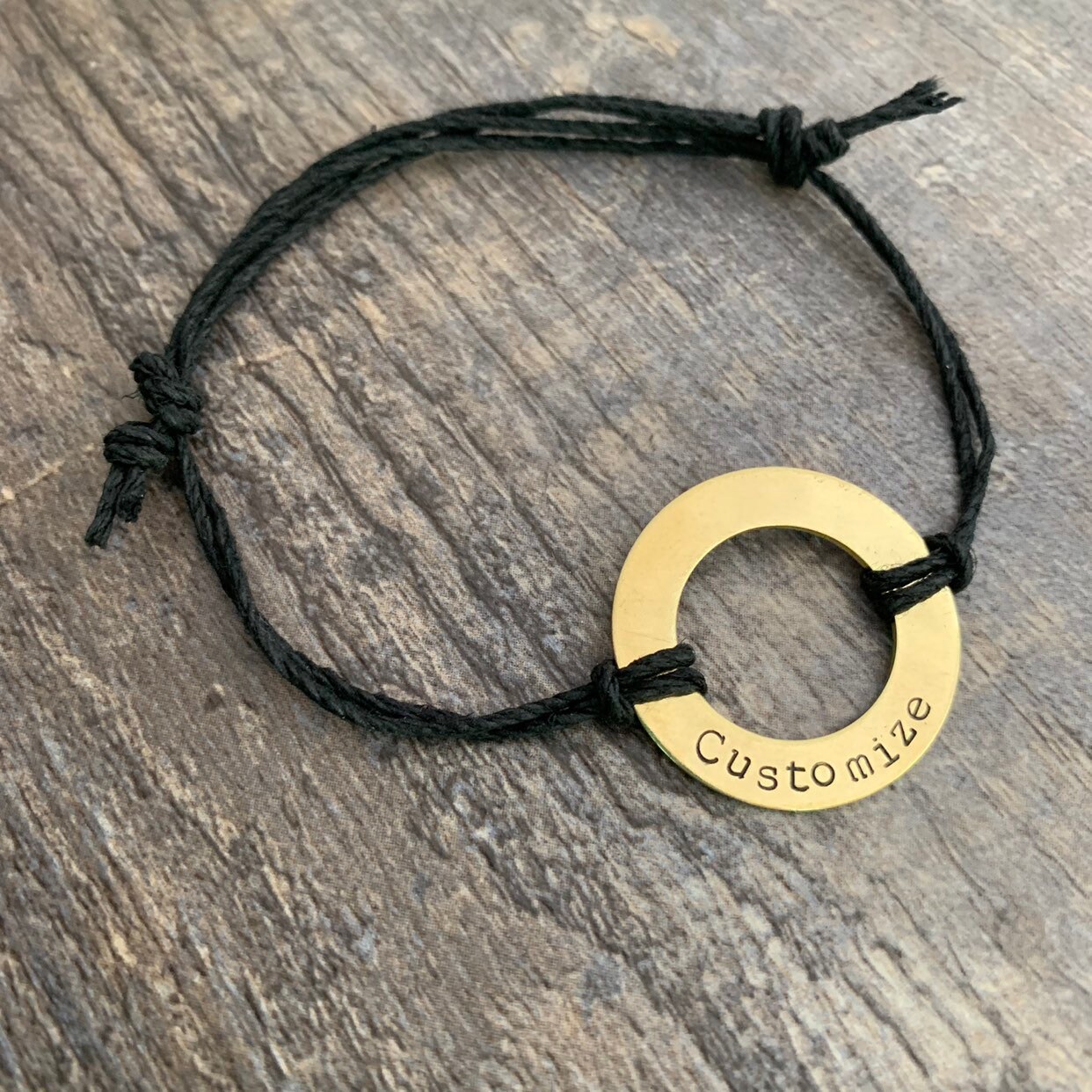 Custom Hand Stamped Brass Washer Hemp Bracelet- Choose Color and Font