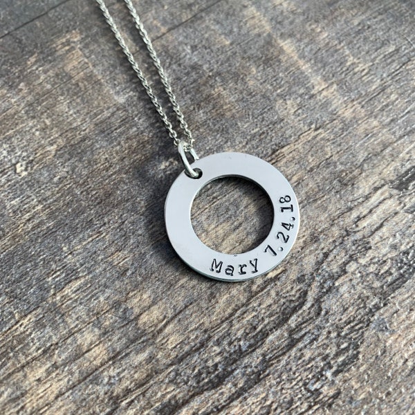 Custom Hand Stamped Silver or Gold Washer Necklace- Choose Your Phrase, and Chain- Kids Names, Mothers Day Gift, Grandchildren Names