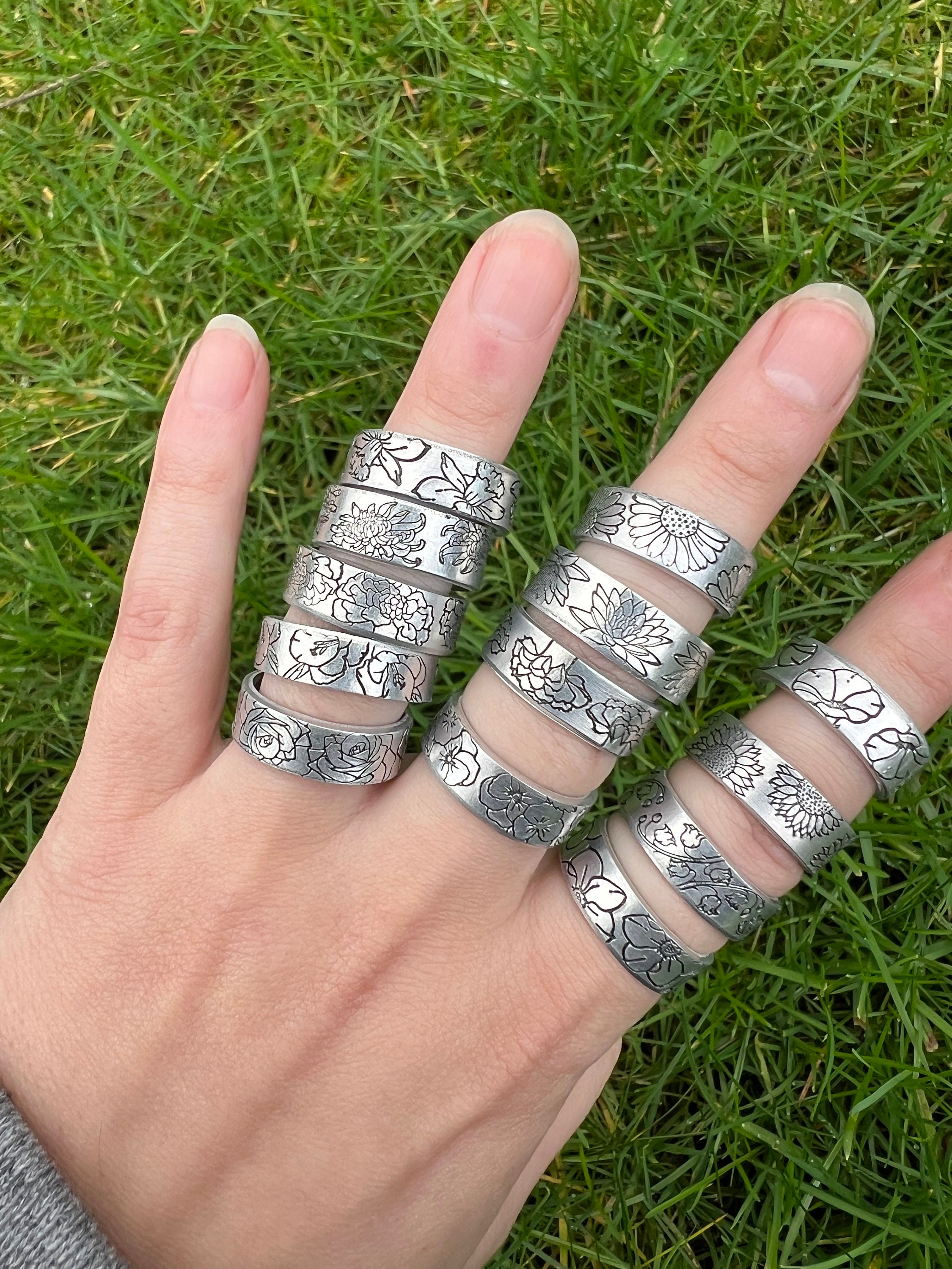 Hand Stamped Aluminum Birth Flower Ring: Wildflower Jewelry