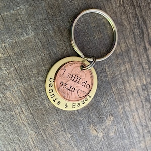 I Still Do Penny Keychain Copper Anniversary Wedding Couples Gift Hand Stamped Circle Charm With Penny You Choose the Year image 2