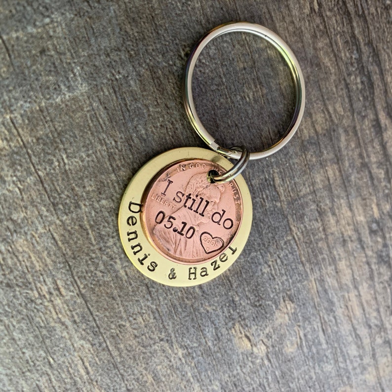 I Still Do Penny Keychain Copper Anniversary Wedding Couples Gift Hand Stamped Circle Charm With Penny You Choose the Year image 2