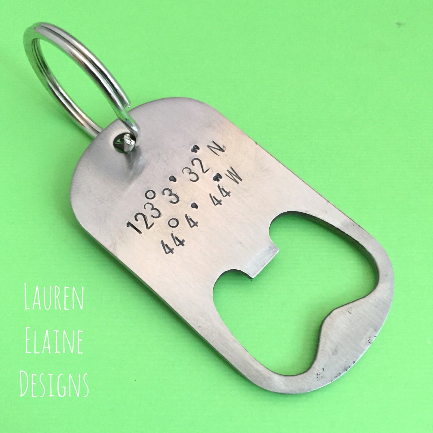 Personalized GPS Coordinates Bottle Opener Keychain: Hand Stamped Steel Dog Tag, view 2