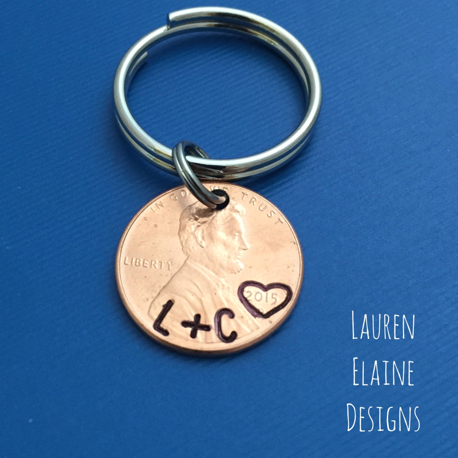 Hand Stamped Lucky Penny Keychain- Anniversary Gift- Choose the Year and Add Initials, view 2
