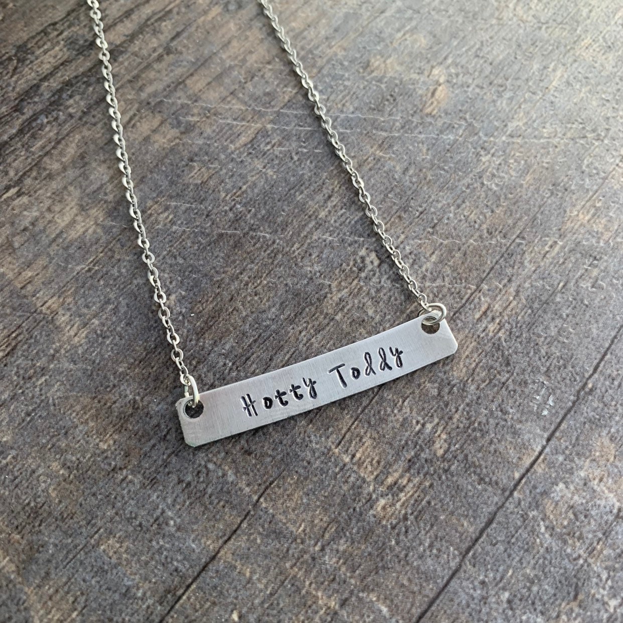 Custom Hand Stamped Aluminum Rectangle Bar Necklace- Add Your Own Phrase, view 3