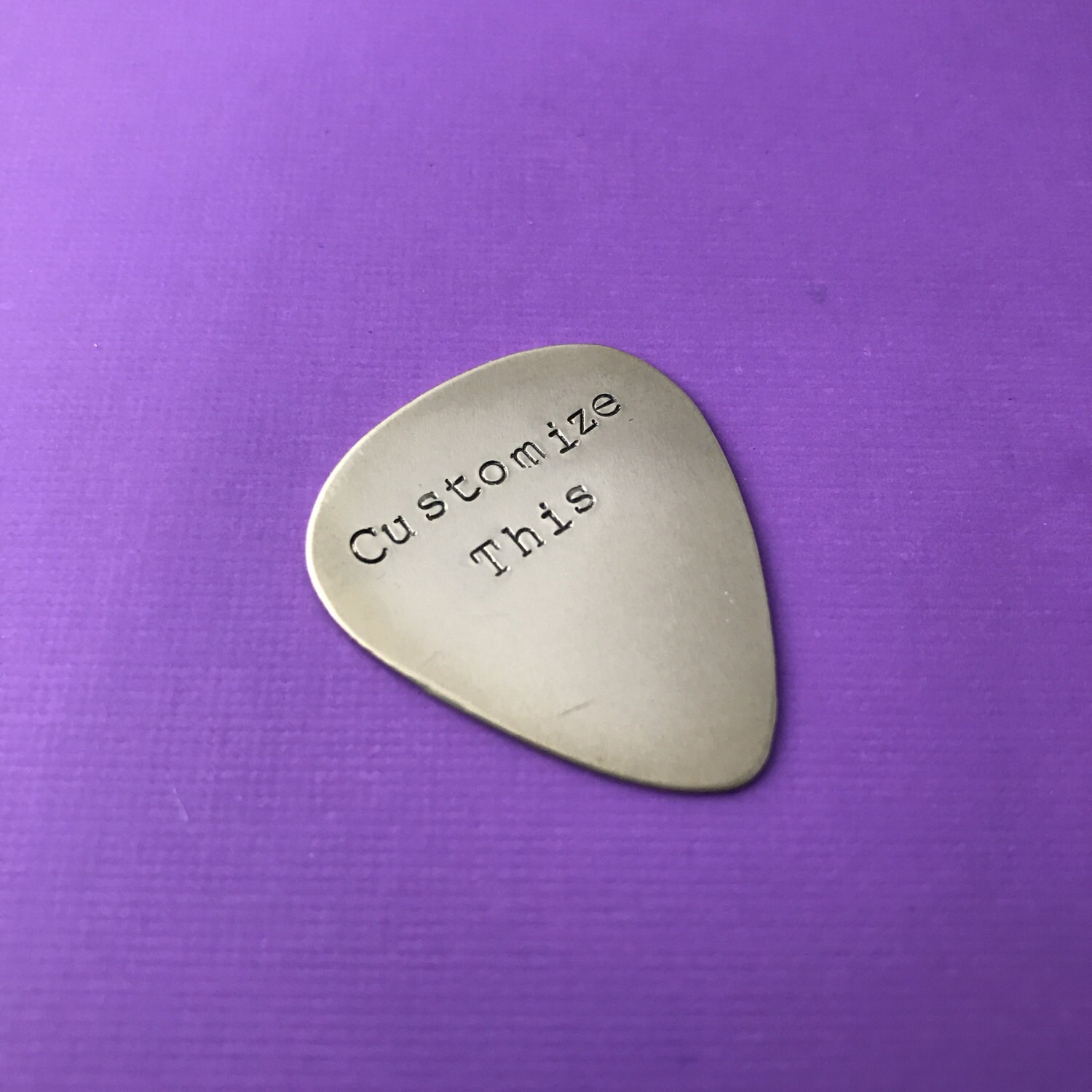 Custom Hand Stamped Brass Guitar Pick- Pick Your Own Phrase and Font, view 3