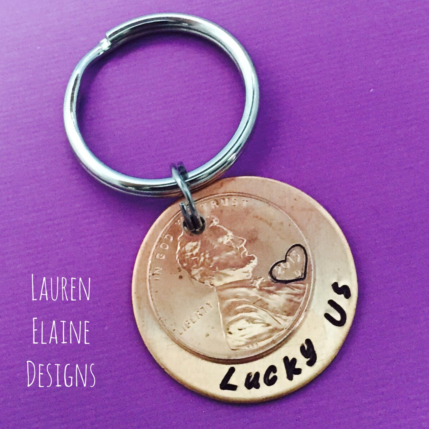 Lucky Us Penny Keychain- Anniversary Wedding Couples Gift- Hand Stamped Copper Circle Charm With Penny- You Choose the Year of the Penny, view 2
