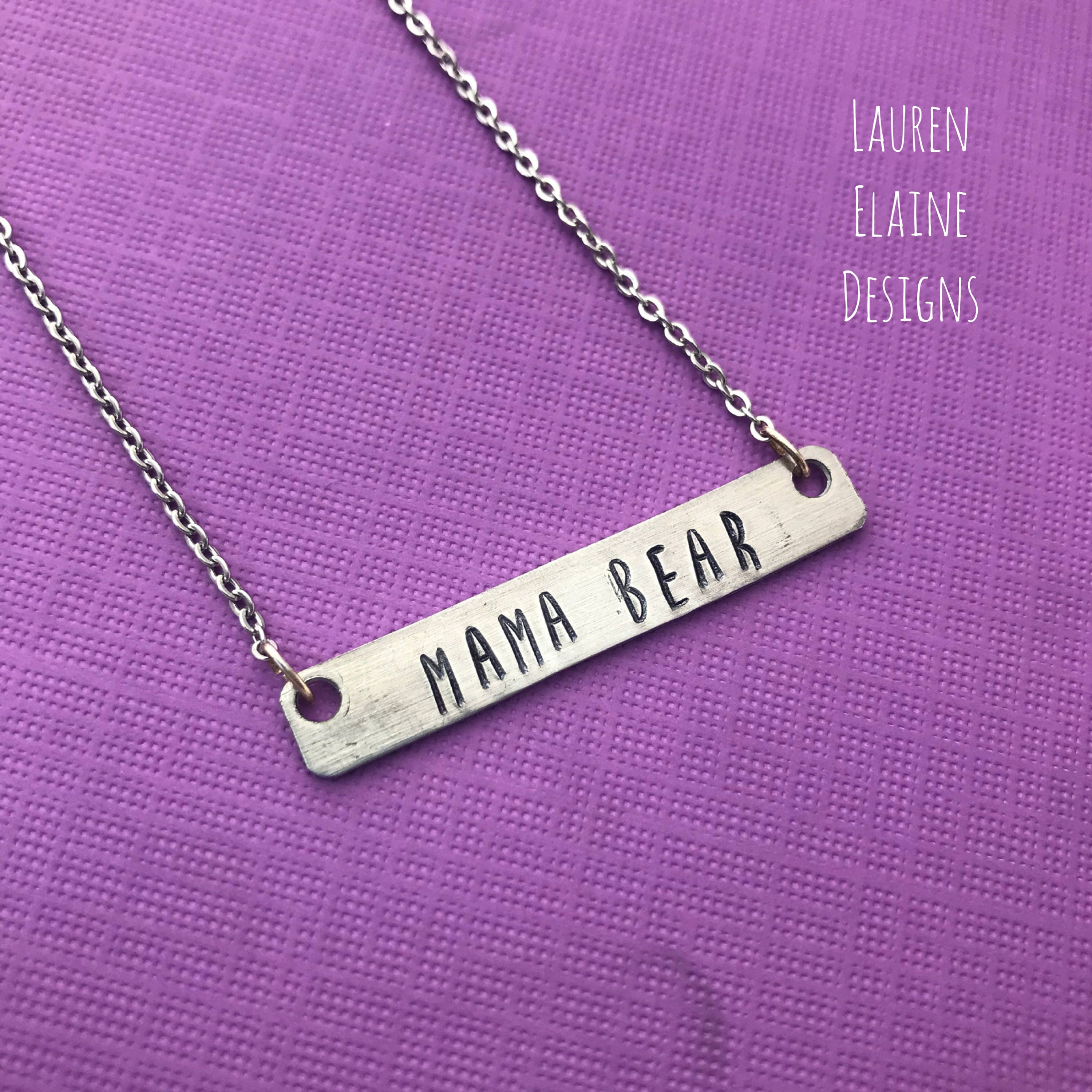 Mama Bear Bar Necklace- Custom Hand Stamped Brass or Aluminum, view 2