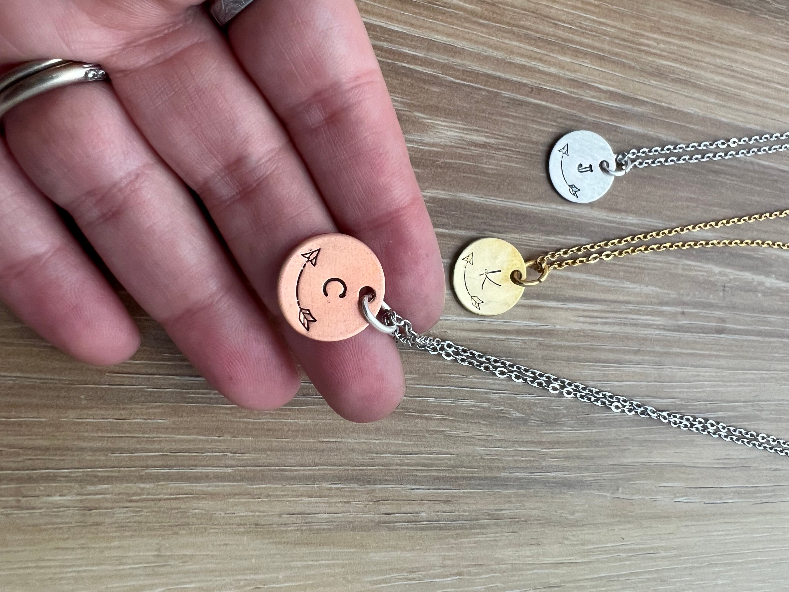 Custom Arrow Initial Hand Stamped Charm Necklace- Gift for Mom Grandma Bridesmaids, view 4