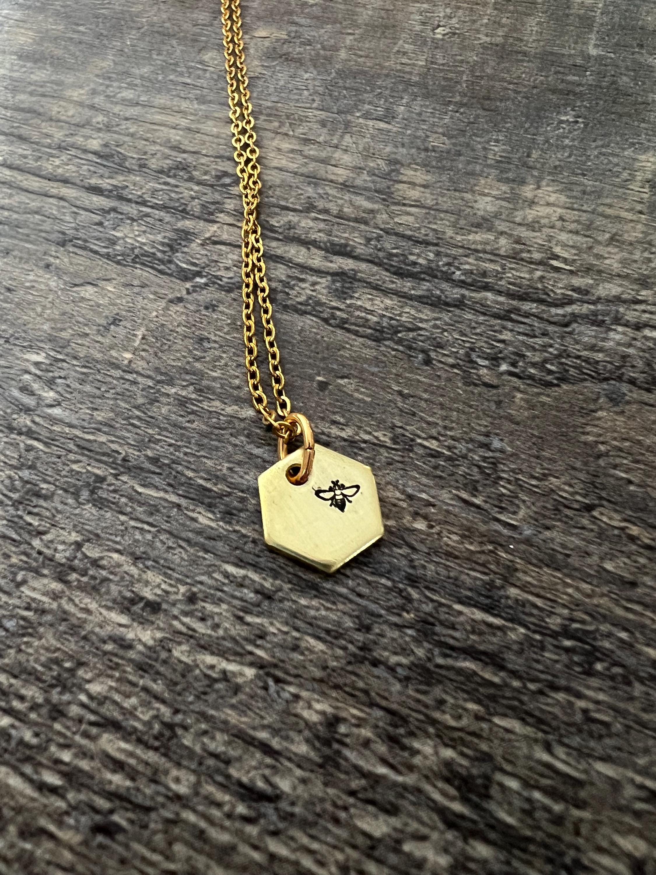 Gold Bee Honeycomb Charm Necklace- Hand Stamped, view 3