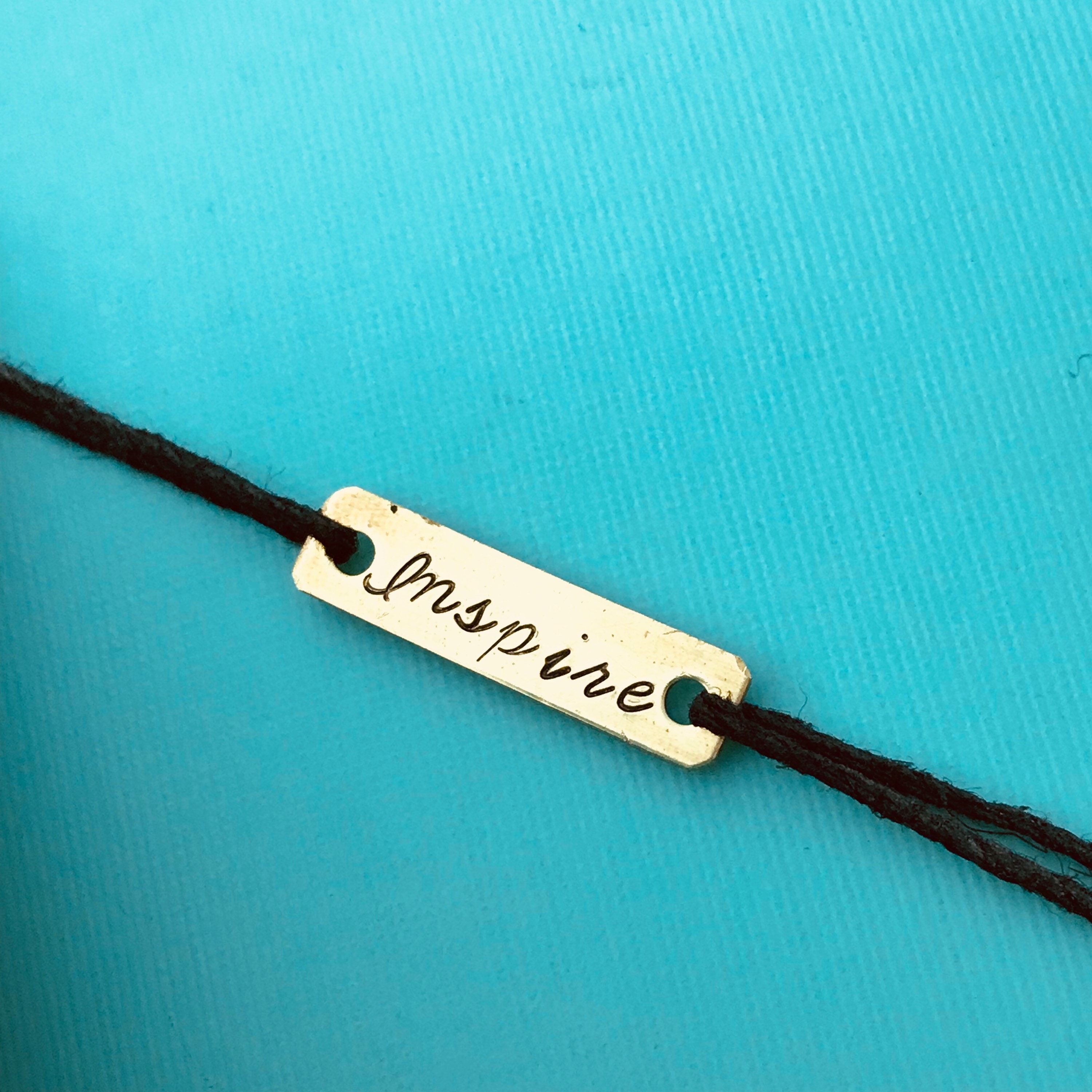 Custom Hand Stamped Brass Rectangle Charm Hemp Bracelet- (Pick your own Color and Phrase), view 4