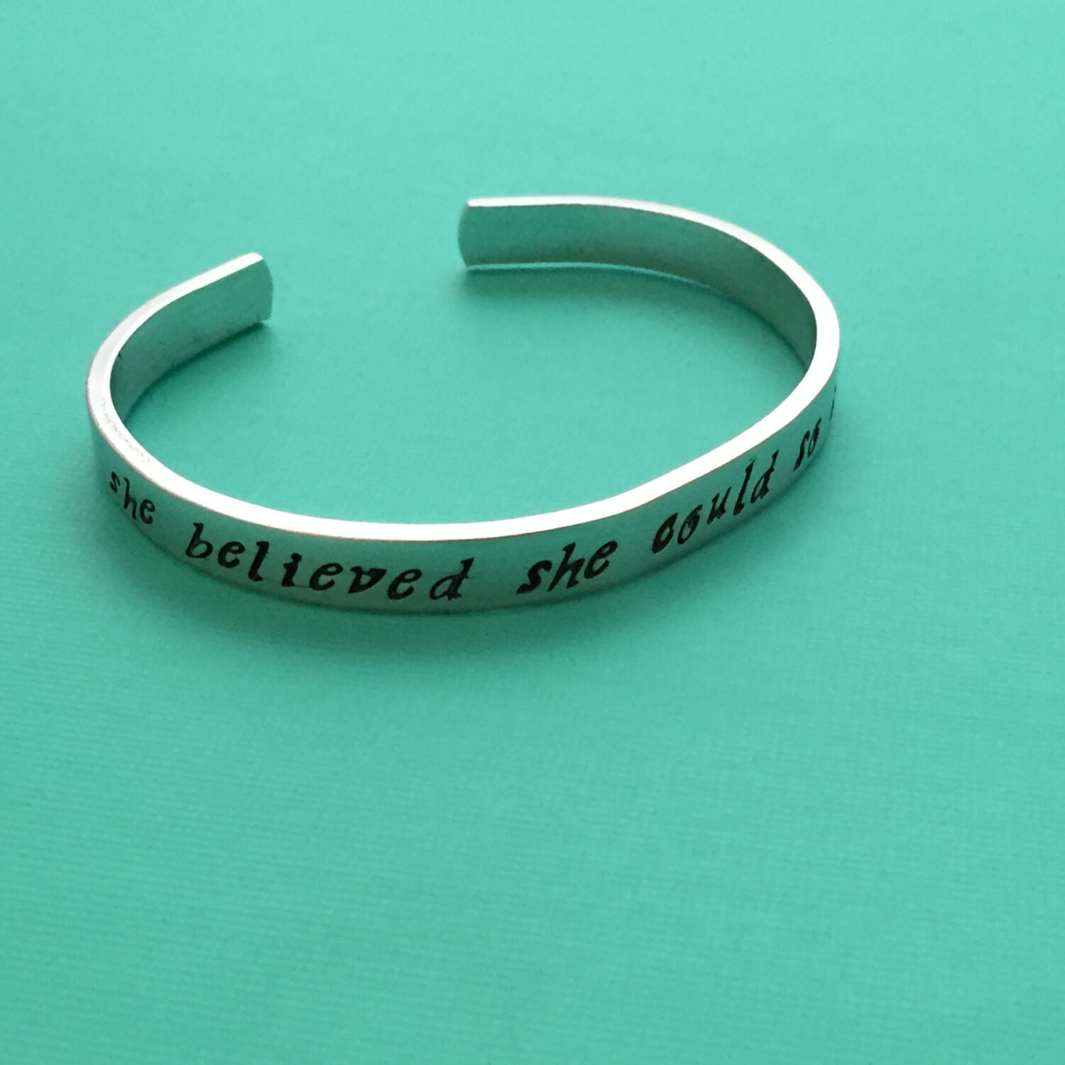 Hand Stamped Cuff Bracelet: "She Believed She Could" - Aluminum, Brass, Copper, Sterling Silver, view 4