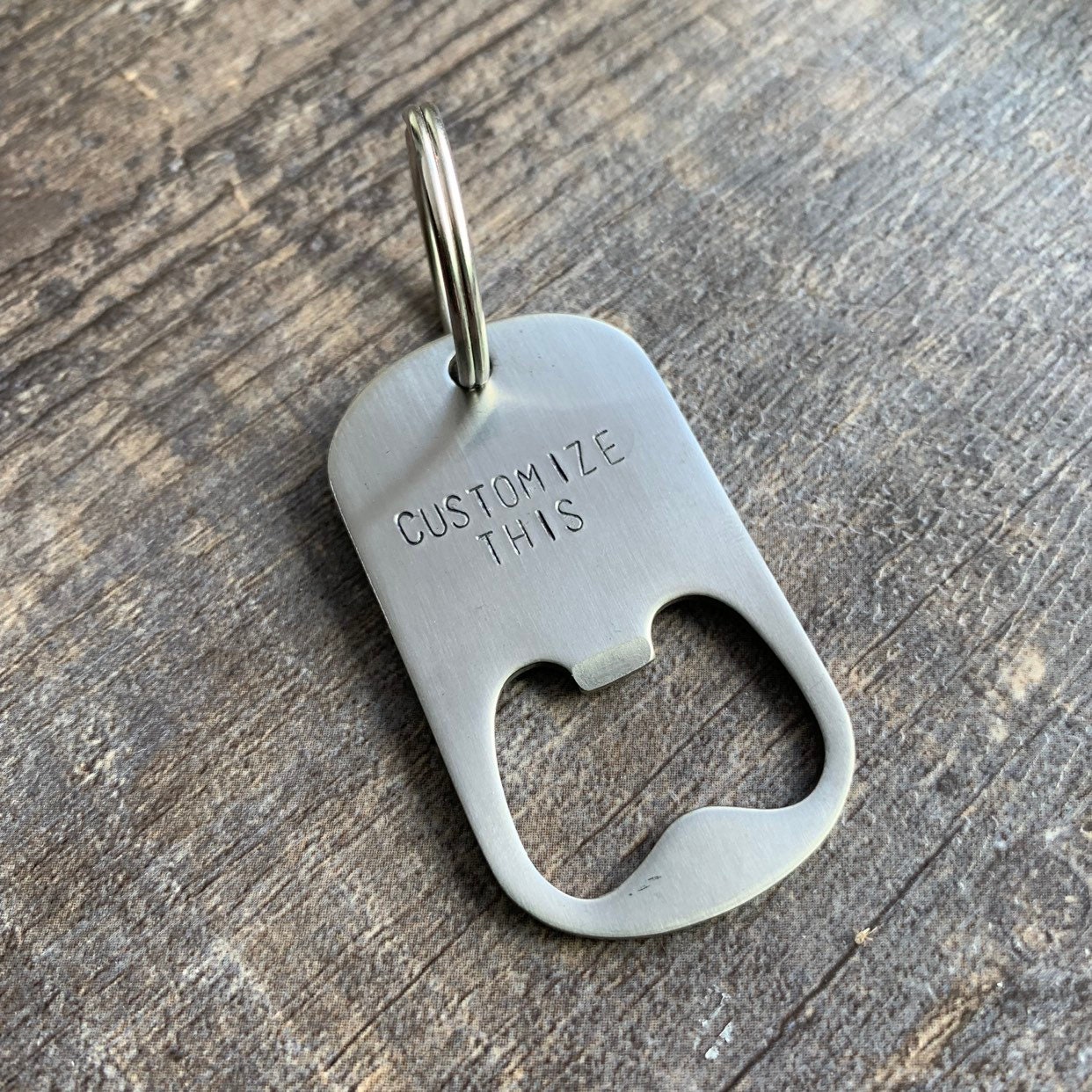 Personalized Bottle Opener Keychain- Hand Stamped Steel Dog Tag
