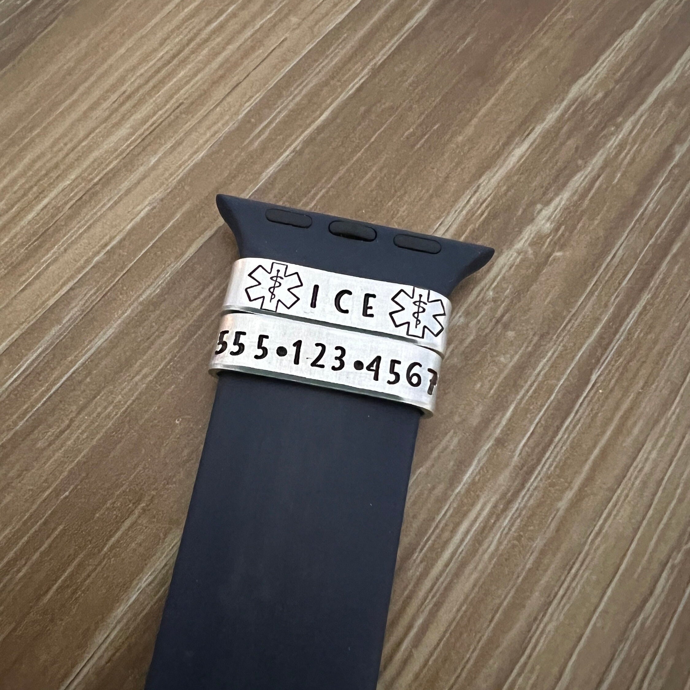 Hand Stamped Medical ID Watch Band Charm: Emergency Contact Tag, view 2