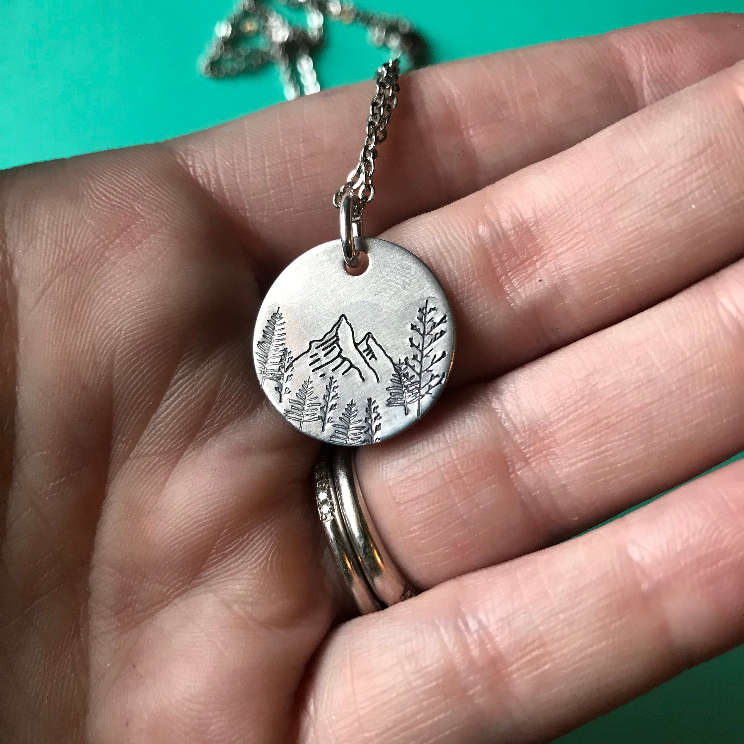 Mountain and Forest Necklace- Hand Stamped Aluminum, Copper, or Brass Charm Necklace, view 4
