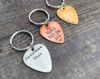 Custom Hand Stamped Guitar Pick Keychains- You Personalize- In Aluminum, Brass, and Copper