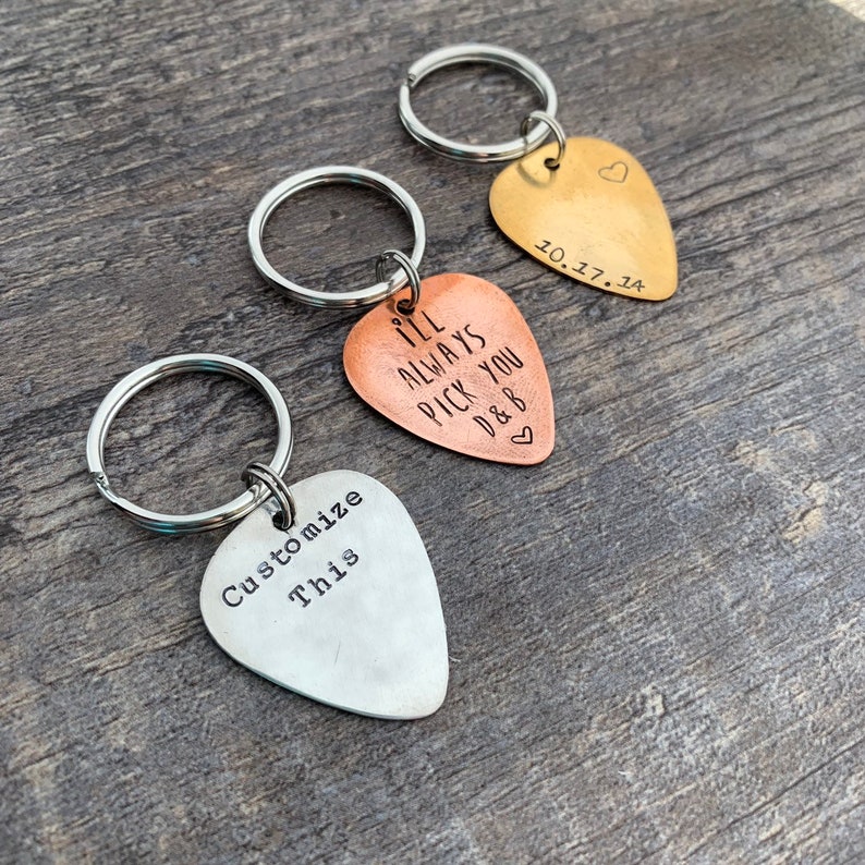 Custom Hand Stamped Guitar Pick Keychains You Personalize In Aluminum, Brass, and Copper image 1