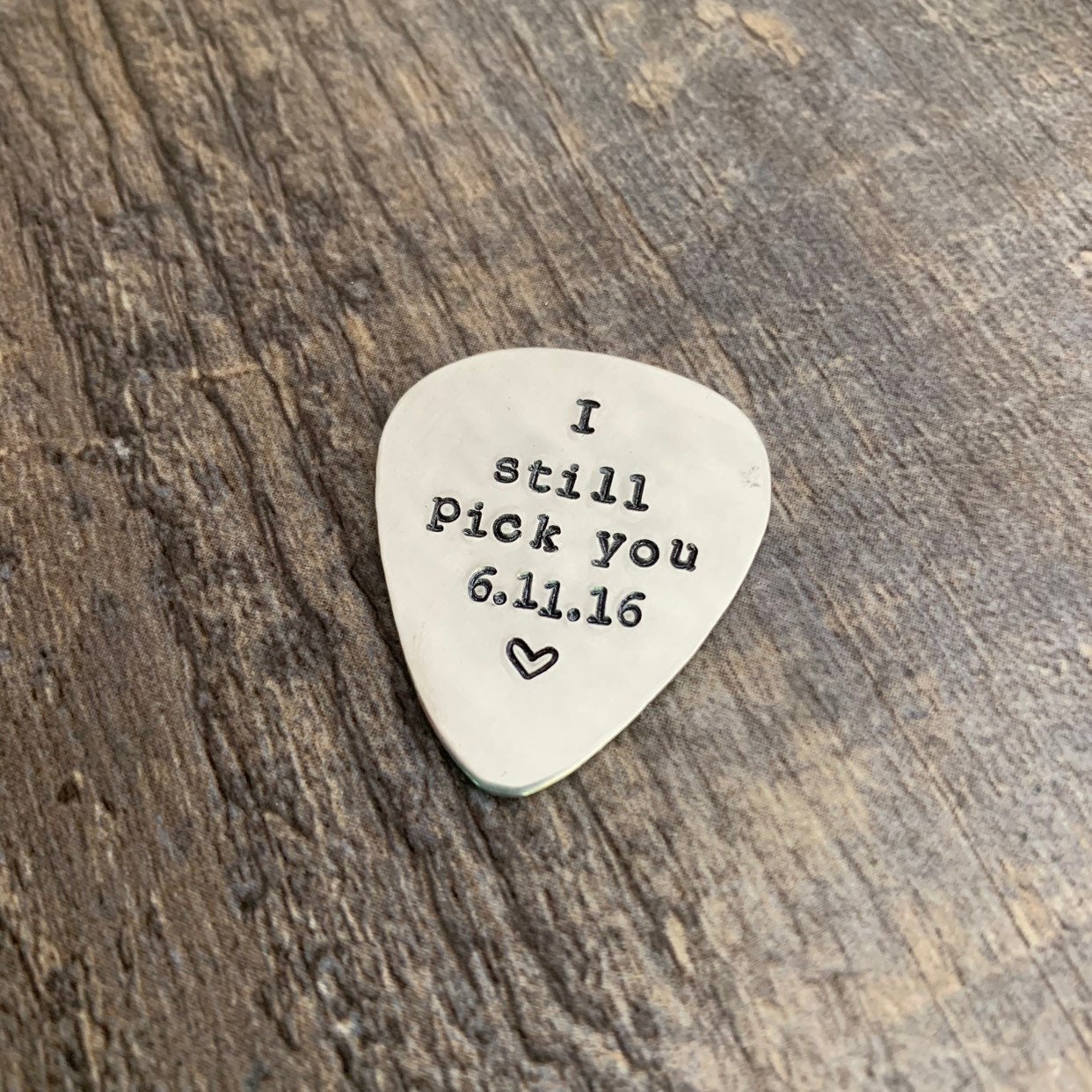 Hand Stamped Guitar Pick: Personalized Initials, Date, Brass Copper Aluminum, view 2