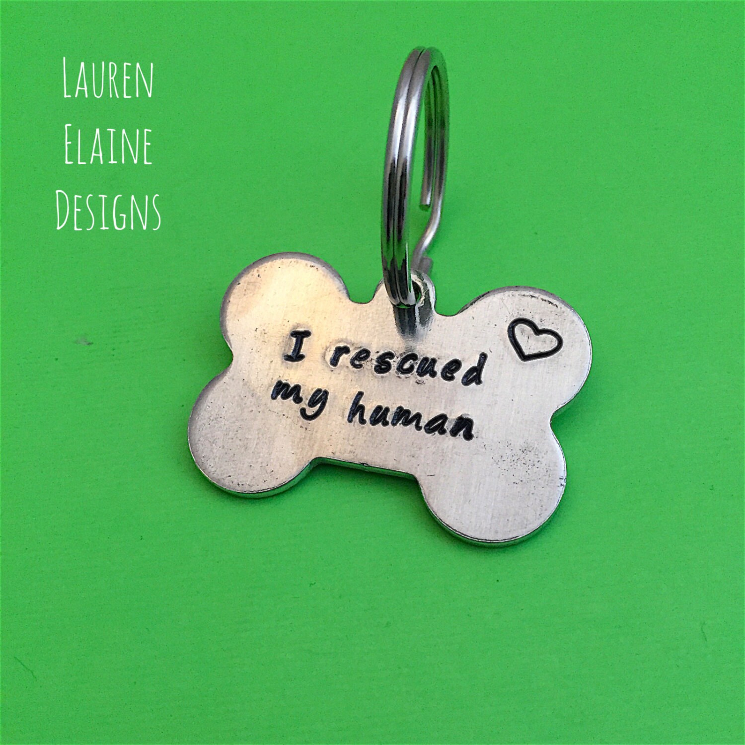 Custom Hand Stamped Pet ID Tag: "I Rescued My Human" Aluminum Dog Tag, view 2
