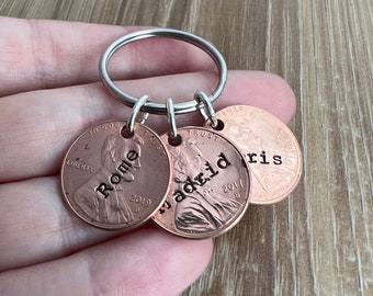 Personalized Trips Memento Penny Keychain - Custom Penny Charms by Year - Add City or Country Names - Vacation Keychain for the Traveler