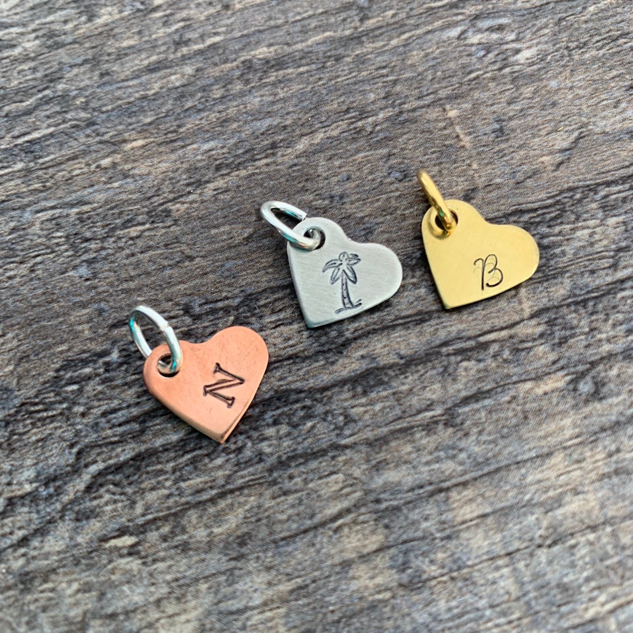 Custom Hand Stamped Tiny Heart Initial Charms- Aluminum, Copper, or Brass- You Choose the Font