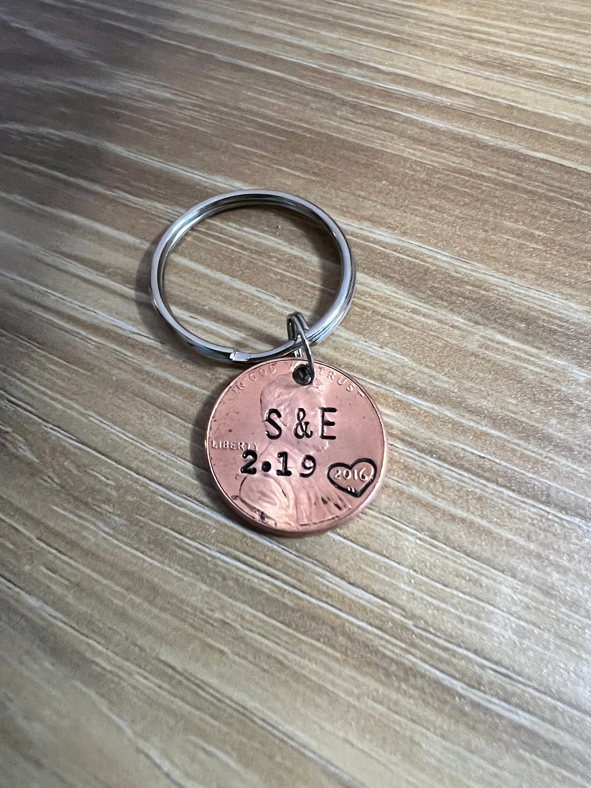 Hand Stamped Penny Keychain: Personalized Anniversary Date & Initials, view 3