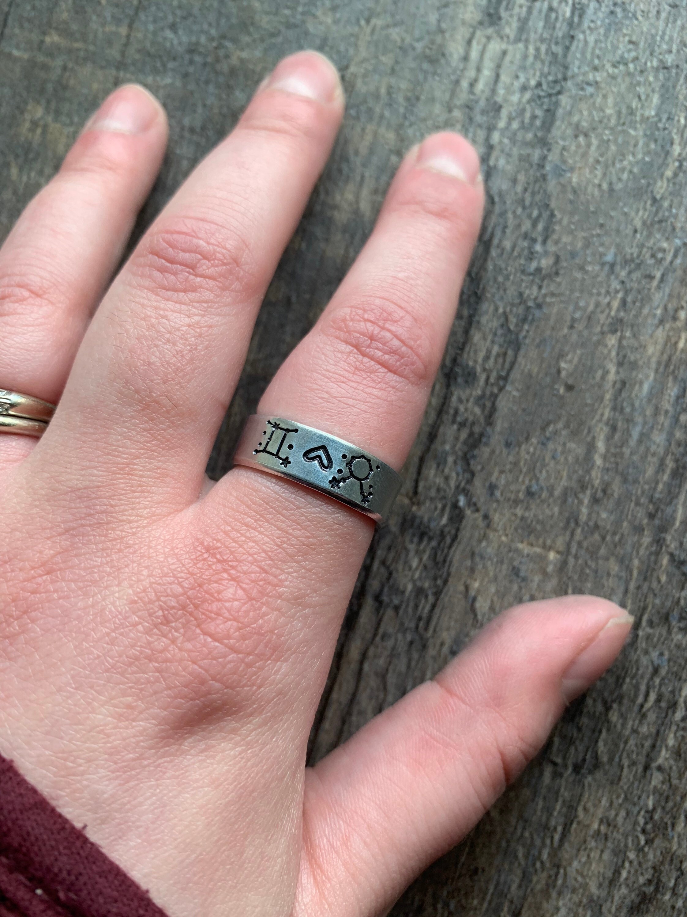 Zodiac Sign Couple Ring: Hand Stamped Aluminum Astrology Jewelry, view 3