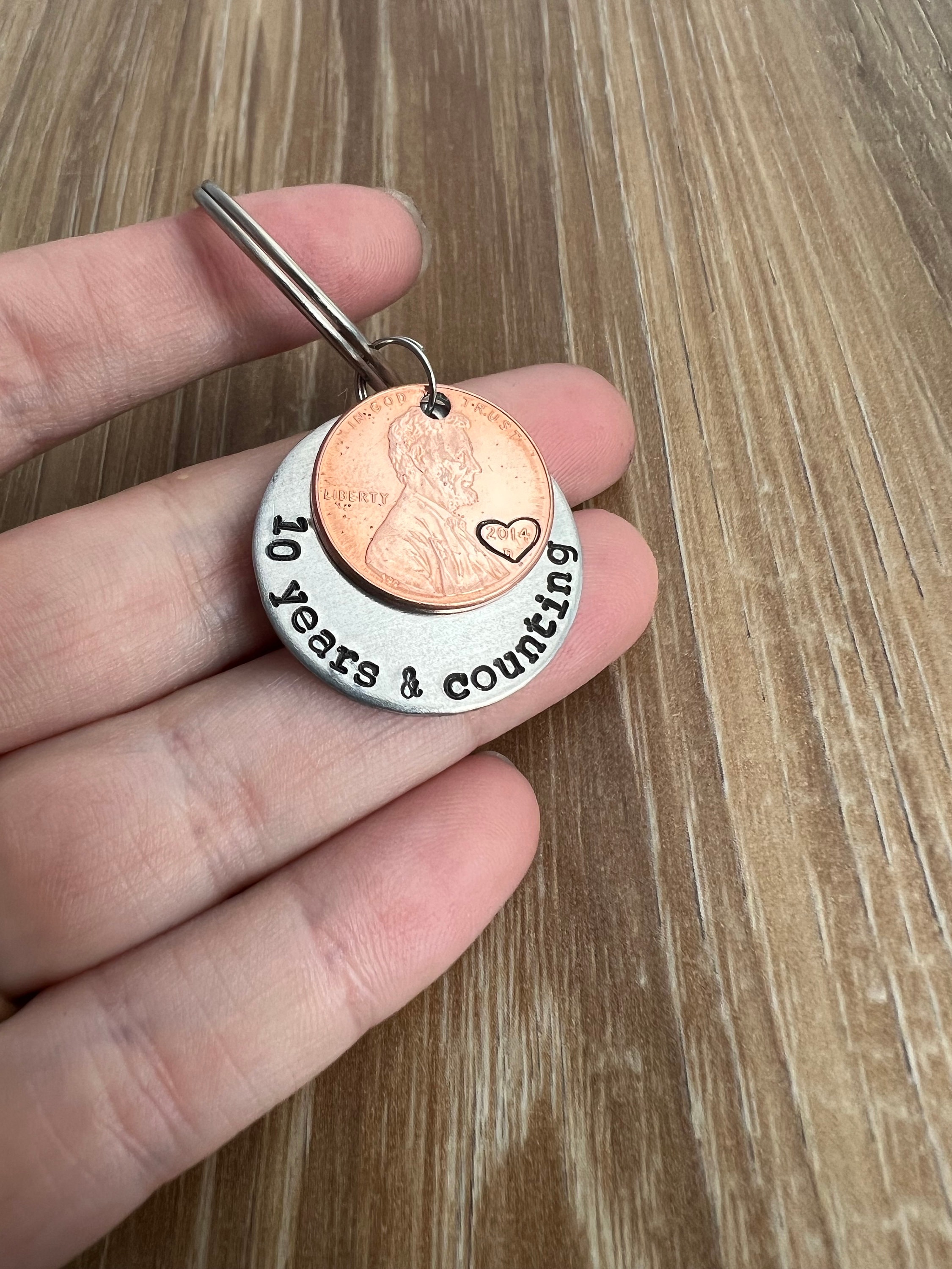 Hand Stamped Anniversary Penny Keychain: Personalized Aluminum Couples Gift, view 4