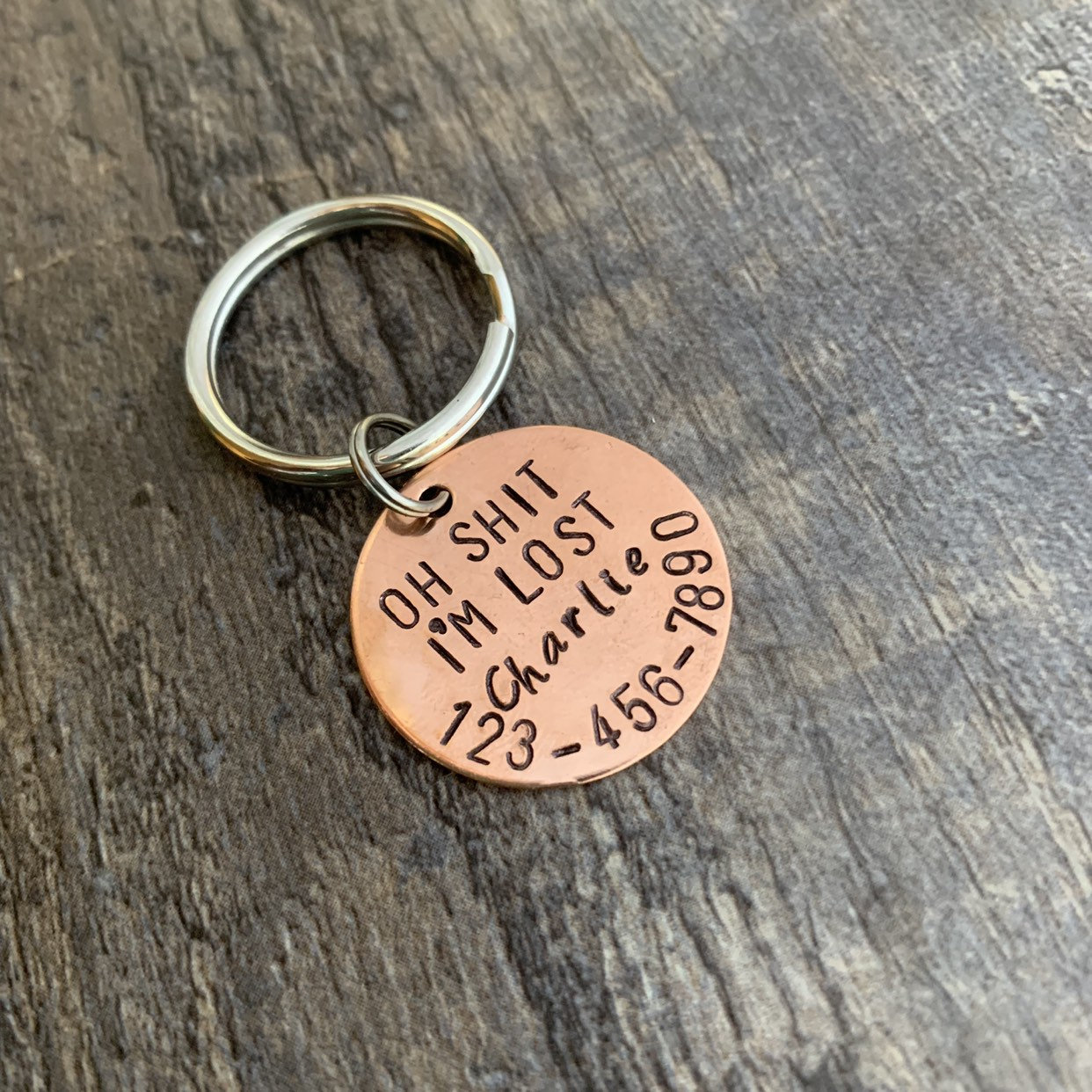 Hand Stamped Pet ID Tag: "Oh Sh*t I'm Lost" - Custom Aluminum, Brass, or Copper, view 2