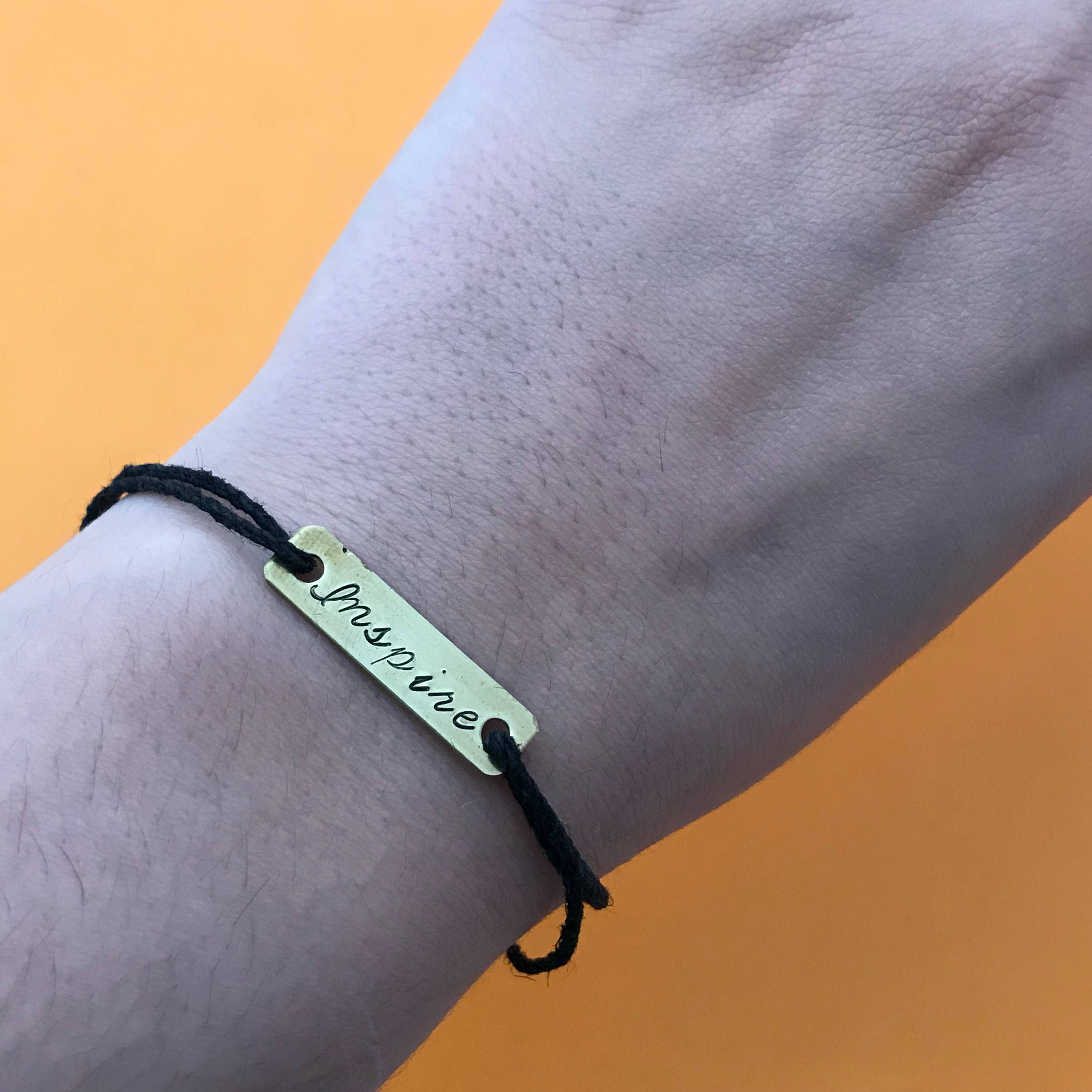 Custom Hand Stamped Brass Rectangle Charm Hemp Bracelet- (Pick your own Color and Phrase), view 3