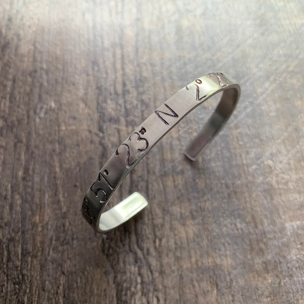 Custom Latitude Longitude Cuff Bracelet -Hand Stamped With Large Numbers- Couples Gift, Anniversary Gift
