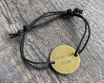 Custom Hand Stamped Brass Circle Charm Hemp Bracelet (Pick your Phrase, Font, and Color)