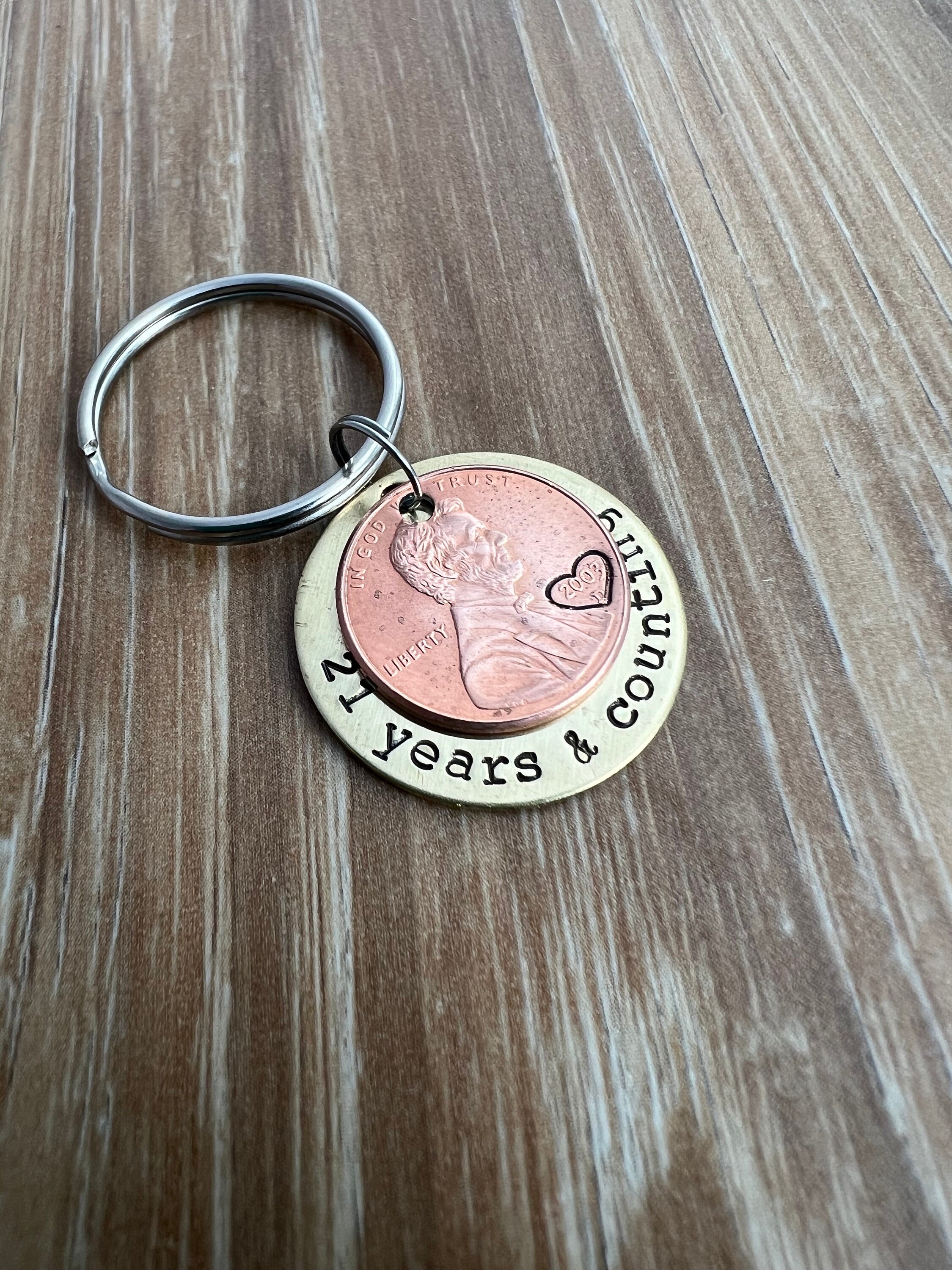 Hand Stamped Anniversary Penny Keychain: Personalized Brass Couples Gift, view 3